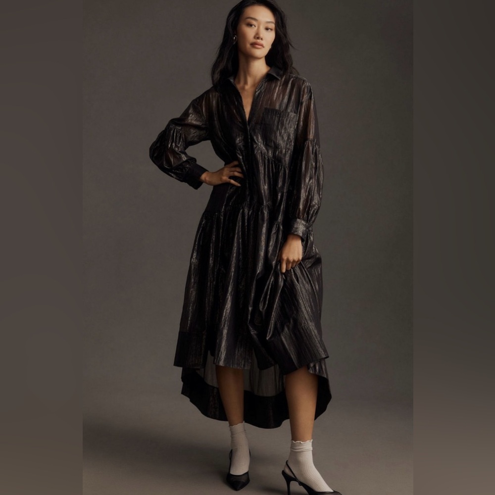 Dark Academic PILCRO LONG-SLEEVE V-NECK METALLIC HIGH-LOW DRESS Small $198